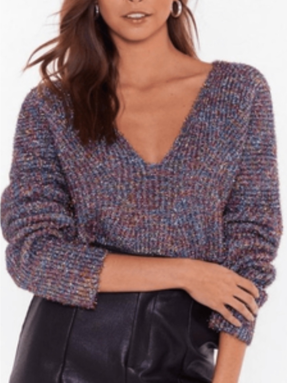POL Oversized V-Neck Chunky Knit Sweater Marled Confetti Dropped Shoulder Size S